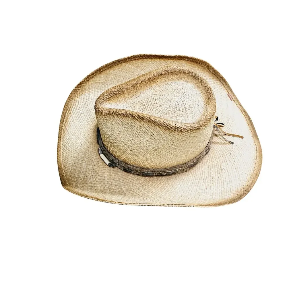 Bullhide Dundee Shapeable Straw Cowboy Hat Sz L Leather Band Barrel Bead Western